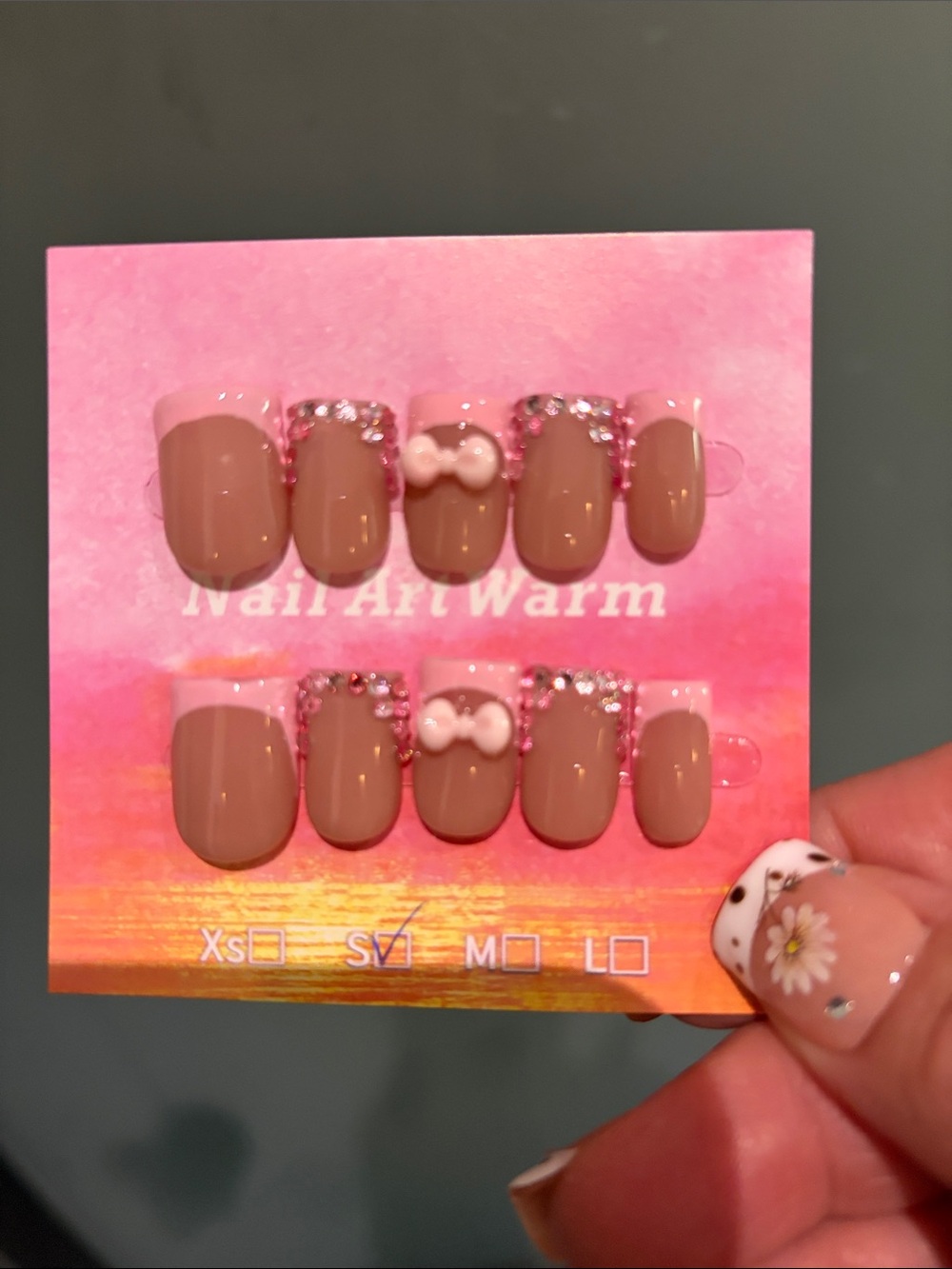 Pink & Taupe Rhinestone Bow Press-On Nails